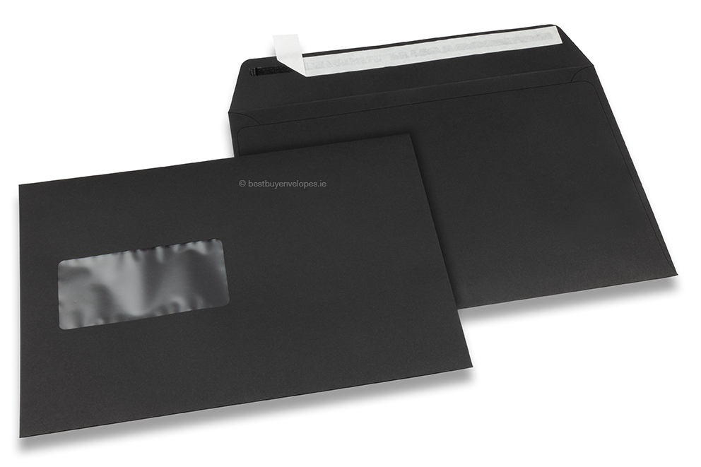 Black, coloured window envelopes, 162 x 229 mm (A5), window on the left, windowsize 45 x 90 mm, windowposition 20 mm from the left / 60 mm from the bottom, peal and seal closure, 120 gram coloured paper