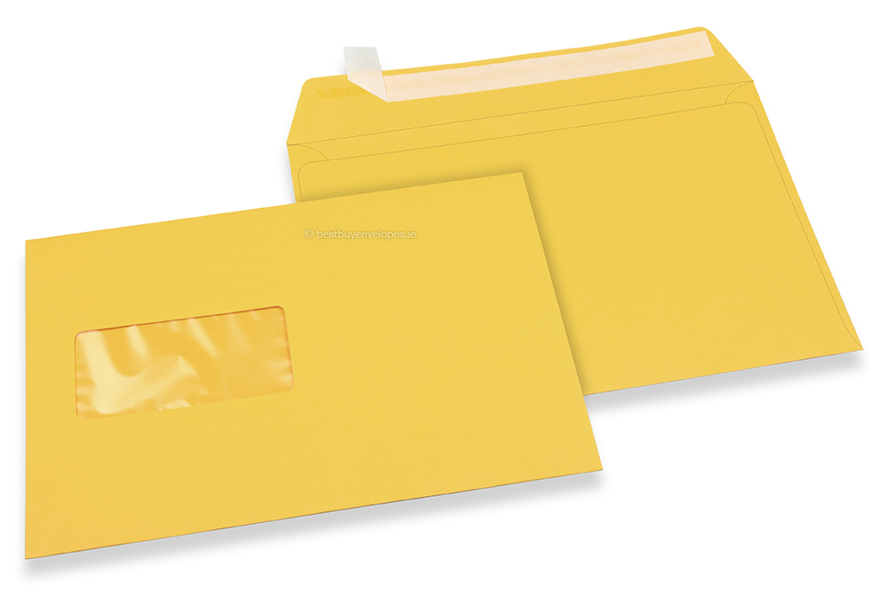Butter cup yellow, coloured window envelopes, 162 x 229 mm (A5), window on the left, windowsize 45 x 90 mm, windowposition 20 mm from the left / 60 mm from the bottom, peal and seal closure, 120 gram coloured paper