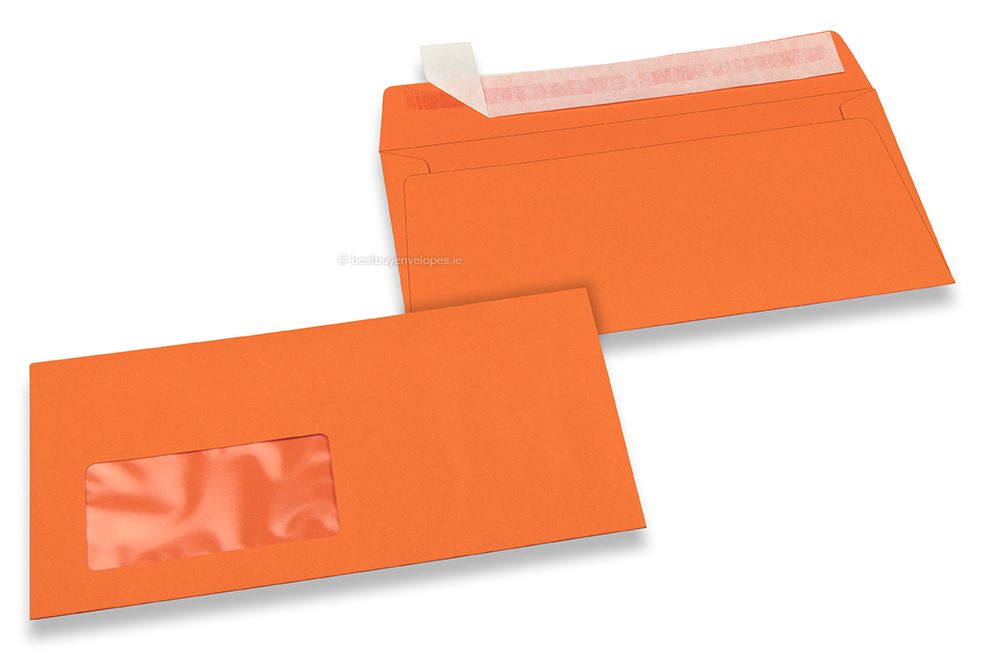 Orange, coloured window envelopes, 110 x 220 mm (DL), window on the left, windowsize 45 x 90 mm, windowposition 20 mm from the left / 15 mm from the bottom, peal and seal closure, 120 gram coloured paper