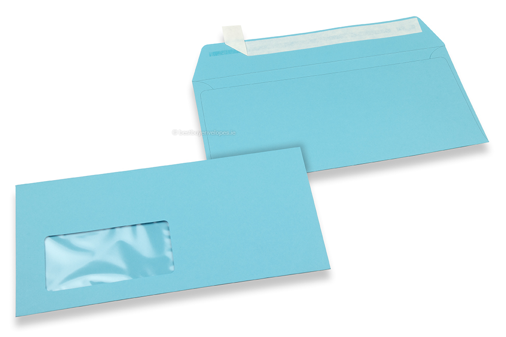 Sky blue, coloured window envelopes, 110 x 220 mm (DL), window on the left, windowsize 45 x 90 mm, windowposition 20 mm from the left / 15 mm from the bottom, peal and seal closure, 120 gram coloured paper