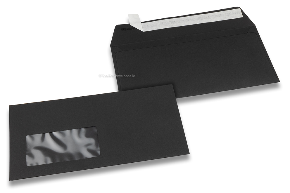 Black, coloured window envelopes, 110 x 220 mm (DL), window on the left, windowsize 45 x 90 mm, windowposition 20 mm from the left / 15 mm from the bottom, peal and seal closure, 120 gram coloured paper