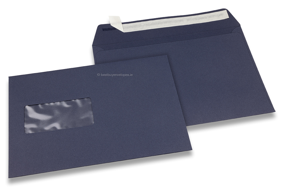 Dark blue, coloured window envelopes, 162 x 229 mm (A5), window on the left, windowsize 45 x 90 mm, windowposition 20 mm from the left / 60 mm from the bottom, peal and seal closure, 120 gram coloured paper