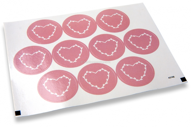Love envelope seals - pink with white heart with leaves