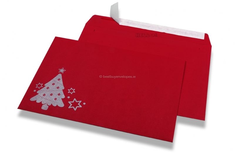 Coloured Christmas envelopes - Red, with Christmas tree