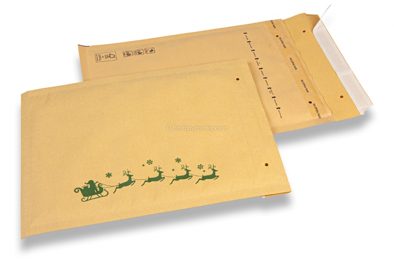 Brown Christmas bubble envelopes - Sleigh green