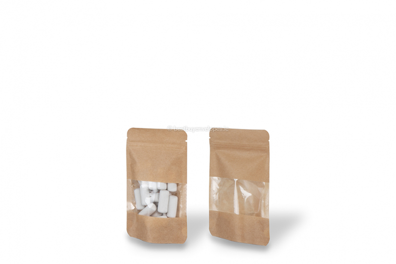 Stand up pouch with window - brown, 85 x 145 x 50 mm, 100 ml