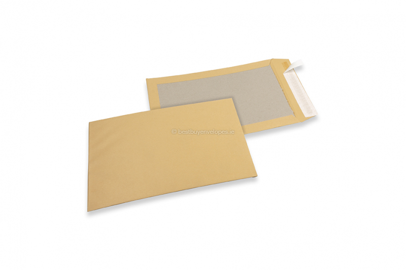 Board-backed envelopes - 229 x 324 mm, 120 gr brown kraft front, 450 gr brown duplex back, strip closure