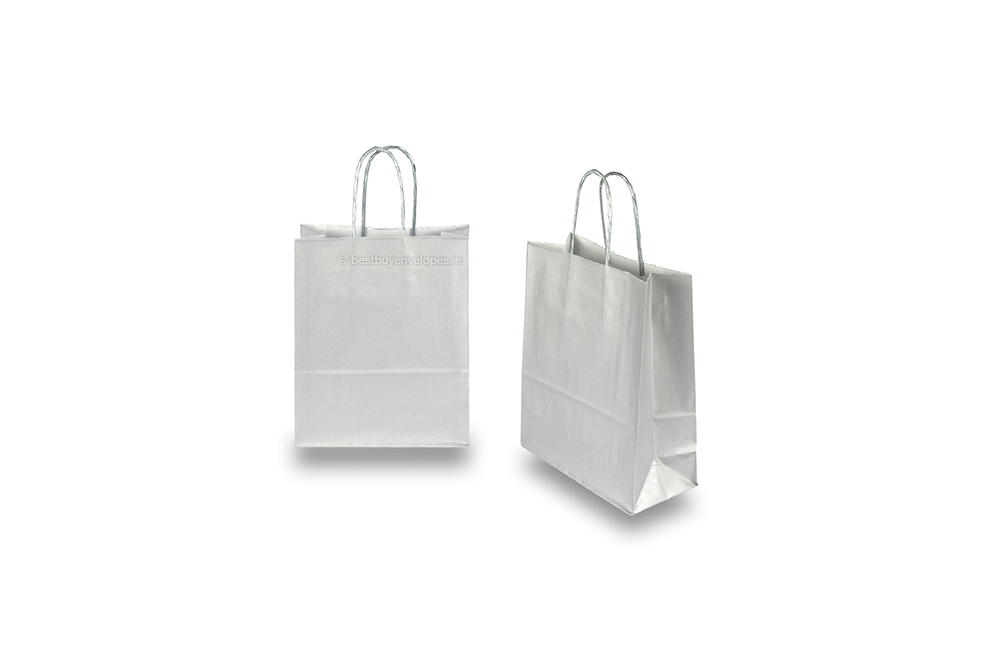 Paper carrier bags with twisted handles - silver, 180 x 80 x 220 mm, 90 gsm