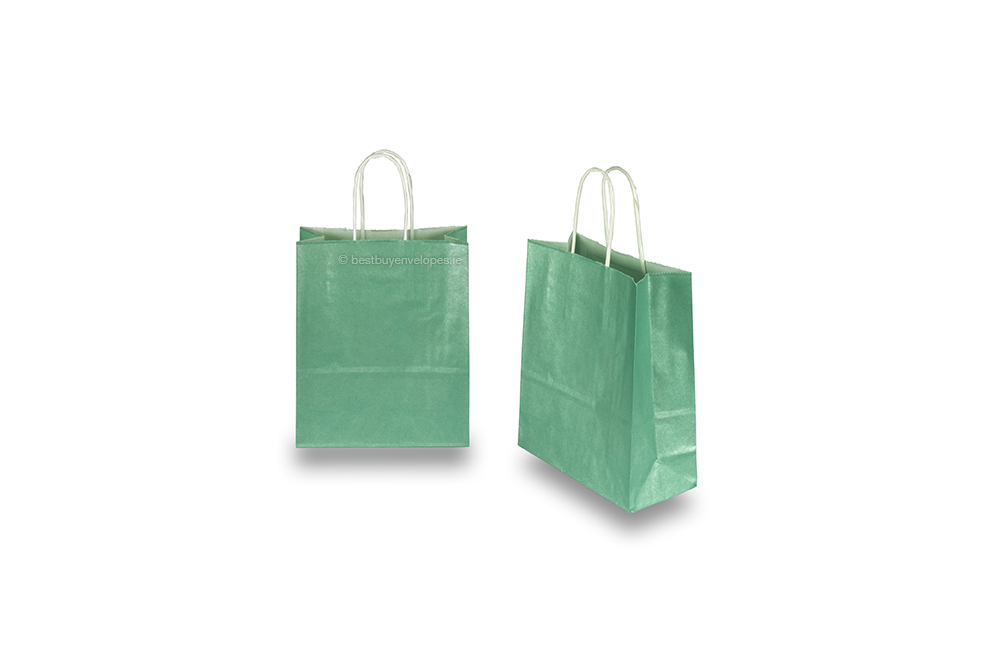 Paper carrier bags with twisted handles - green metallic, 180 x 80 x 220 mm, 90 gsm