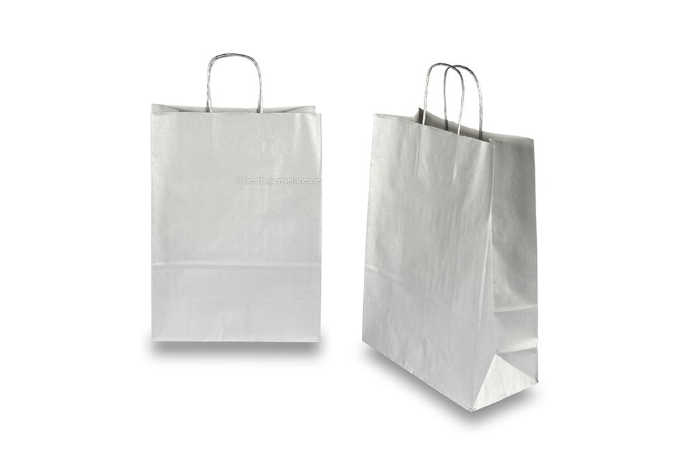 Paper carrier bags with twisted handles - silver, 260 x 120 x 350 mm, 90 gsm