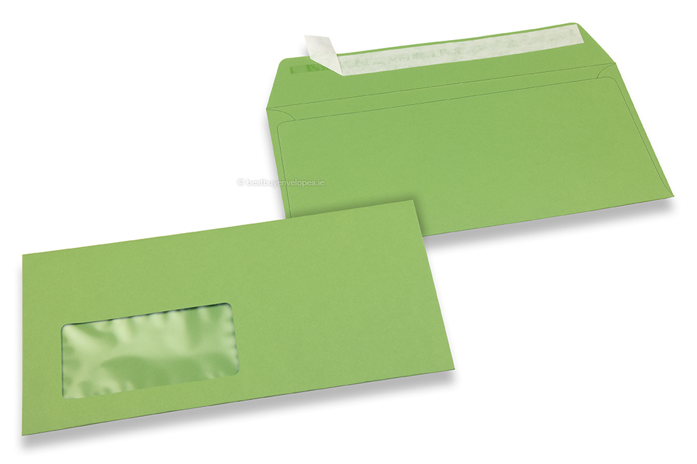 Apple green, coloured window envelopes, 110 x 220 mm (DL), window on the left, windowsize 45 x 90 mm, windowposition 20 mm from the left / 15 mm from the bottom, peal and seal closure, 120 gram coloured paper