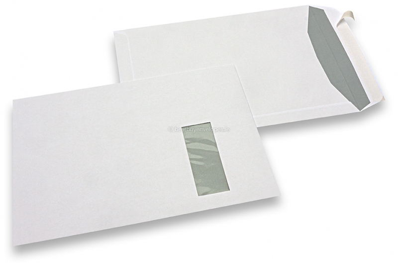 Window envelopes, white, 229 x 324 mm (C4), window on right  40 x 110 mm, window position 20 mm from the right side and 60 mm from the top, 120 gram, closure with seal strip, weight each approx. 20 g.